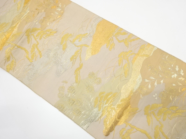 JAPANESE KIMONO / ANTIQUE FUKURO OBI / WOVEN PINE GROVE & FLOWER